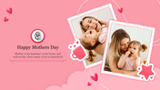 Two framed photos of a mother and child, surrounded by heart illustrations and decorative icons in pink background.