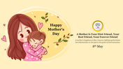 Mother hugging child illustration, happy mother's day text with a heartfelt quote and with the date eight may on the right.