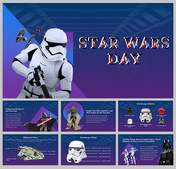 Star wars day slide deck with characters, spaceships, and helmets, designed on a gradient blue and purple background.