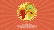 Three colorful peppers with sombreros on a radiant orange background, celebrating Cinco de Mayo with musical instruments.