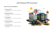 Illustrated soil pollution slide listing causes paired with an image of polluted soil and waste with placeholder text.