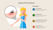 Cartoon woman reacting to a mosquito bite alongside a list of four prevention methods for malaria.