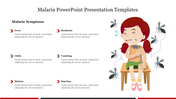 Malaria symptoms, such as fever and vomiting, listed on the left, with a cartoon girl surrounded by mosquitoes on the right.