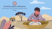 Illustration of a young child working with a basket, set against a desert landscape with huts and trees.