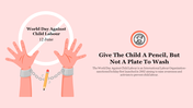 Illustration of handcuffed hands with a pencil and text about World day against child labour, set on a soft pink backdrop.