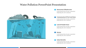 Illustration of blue themed water pollution with floating waste and a list of effects with placeholder text.