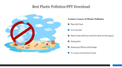 Visual showing a beach littered with plastic, accompanied by a no plastic symbol and various causes of plastic pollution.