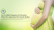 A pregnant woman in a light yellow dress with her hands resting on her belly against a green background with a caption area.