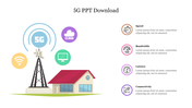 5G tower illustration with icons representing speed, bandwidth, latency, and connectivity with placeholder text.