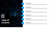 Table of contents slide with a silhouetted person under dark background and a starry sky with six numbered points.