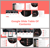 Table of contents template for Google Slides, featuring a collection of layouts with circular images and section numbering.