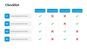 Checklist template with four rows and multiple columns, containing checkmarks and crosses for different items.