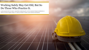 Yellow safety helmet resting on solar panels, with a text box in the left corner, set against a blurred outdoor background.