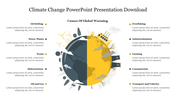 A climate change slide showing a split earth graphic highlighting various global warming causes and placeholder text.