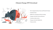 Climate change slide with an illustration of the earth with a rising thermometer, a polar bear, and environmental symbols.