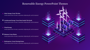 Wind turbines and solar panels in a 3D purple grid layout with glowing boxes and a list of renewable energy sources.