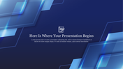 Slide with title text area and clipboard icon at center, and blue glowing geometric shapes in dark blue background.