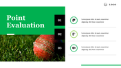 Red cricket ball on grass with a green box for text and three numbered sections, and text on the right.