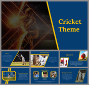 Cricket-themed slide deck featuring a cricket player illustration, on a blue background, and various cricket-related topics.