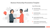 Business partners shaking hands with puzzle pieces and graphs representing different partnership types with caption areas.