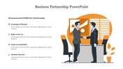 Slide showcasing a business partnership with two businessmen shaking hands in an office setting with four text area sections.