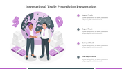 Illustration of a global trade scenario with two people shaking hands, and money stacks around a globe in purple accents.