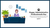 Illustration of an administrative professional at a desk with decor, celebrating Administrative Professionals day in April.