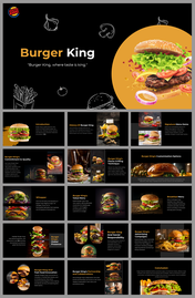 A pack of burger king slides highlighting its history, menu items with images, and text descriptions on a dark backdrop.