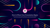 Abstract dark background with colorful lines, circles, and a white notepad icon at the center, introducing the presentation.