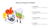 A colorful bank loan request template featuring an isometric illustration of a bank alongside four key steps.