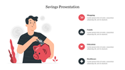 Illustration of a person saving money in a piggy bank with icons for shopping, family, education, and healthcare.