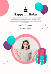 Happy Birthday invitation card featuring balloons, gifts, and a smiling girl in a circle frame with an excited expression.