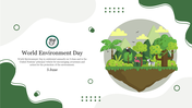 Environment slide features a circular illustration of a lush rainforest with animals in a white backdrop with green accents.