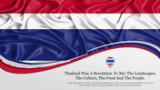 Wavy Thailand flag with red, white, and blue stripes, curved white area below with space for text.