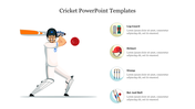 Illustration of a cricketer wearing full gear, preparing to hit a red ball, with four icons and text on the right.