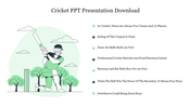 Illustration of a cricketer in a green uniform is shown batting, with a list of cricket rules displayed on the right.