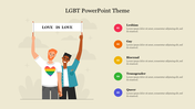 LGBT PowerPoint theme slide showing two people holding a banner with Love is Love and five categories with placeholder text.