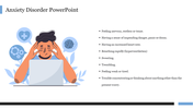 Illustration of a person experiencing anxiety symptoms while sitting at a laptop, with a list of common symptoms.