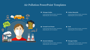 Air pollution slide featuring a masked individual and icons with text captions on a blue backdrop.