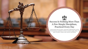 Background slide for a law firm, showing a bronze justice scale and a circular section with a quote.