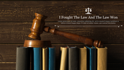 Gavel placed on books with a legal icon and placeholder text to the right, in a law-themed background slide.