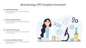 Slide featuring a female scientist with lab equipment and icons representing different fields of biotechnology with text.