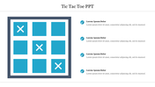 Tic tac toe grid with three X marks and bullet points with caption areas on the right-hand side.