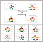 5 dimensions slide deck with various colored pentagons and diagrams showing personality traits.