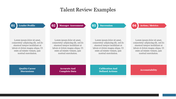 Talent review slide with four colorful text boxes, each containing numbers and captions.