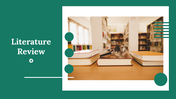 Literature review-themed slides with an image of a desk, books, and eyeglasses, framed by green and white geometric shapes.