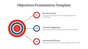 Slide with objectives showing three key goals connected to a red and blue target icon.