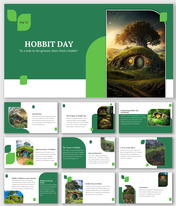 A pack of green themed hobbit day slides covering the origins, activities, and customs associated with hobbit culture.