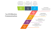 Slide with 7 key principles of effective communication in an engaging zigzag design, each with an icon and brief description.