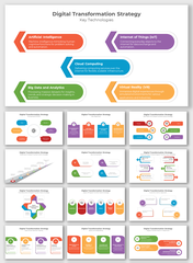 Digital transformation strategy slides with different colorful layout designs and icons with text descriptions.